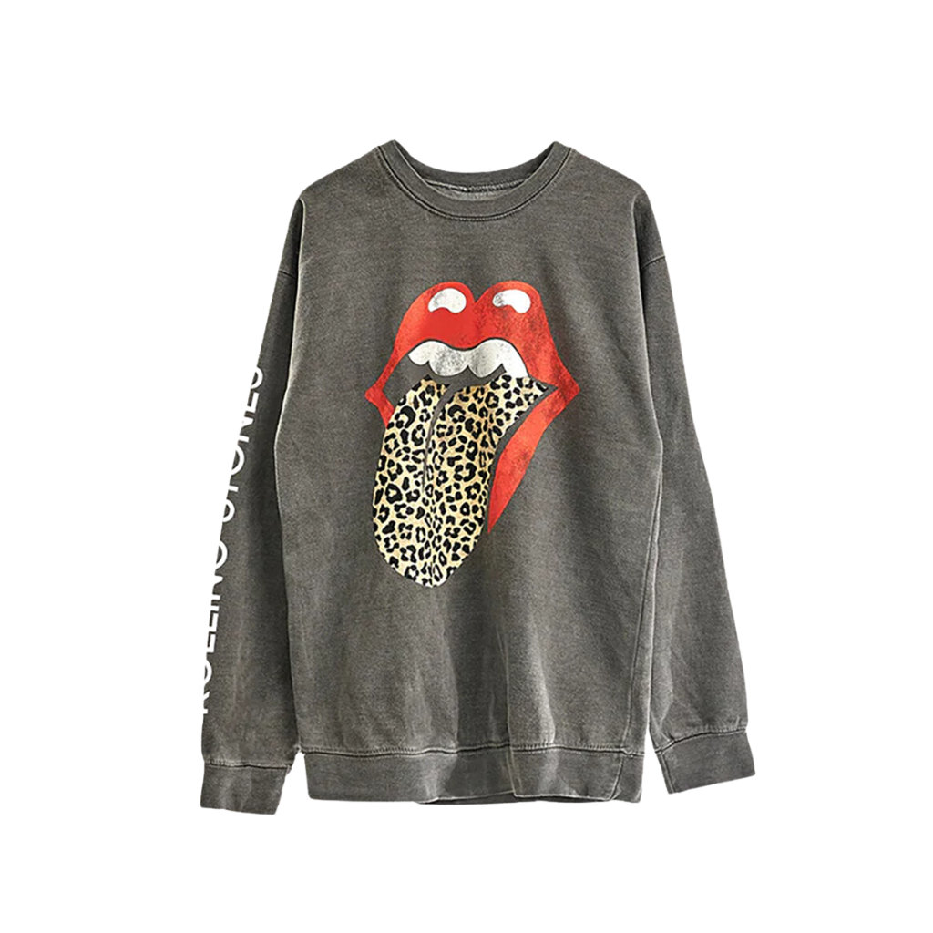 Leopard Tongue Washed Crewneck - The Rolling Stones