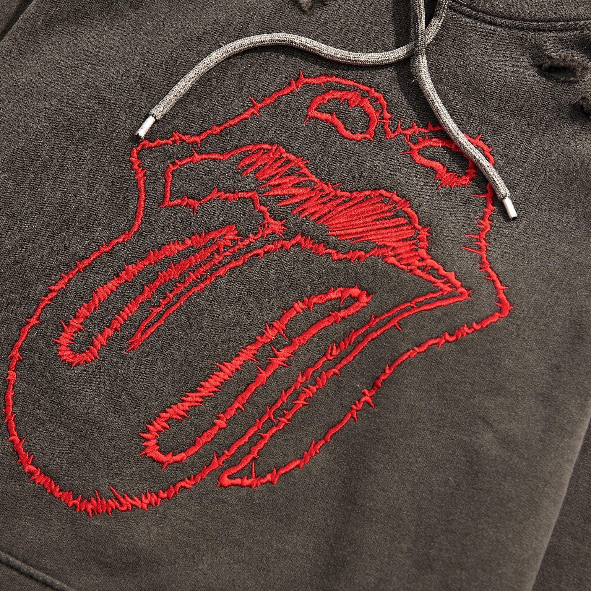 No. 9 Embroidered Sketch Tongue Distressed Hoodie - The Rolling Stones