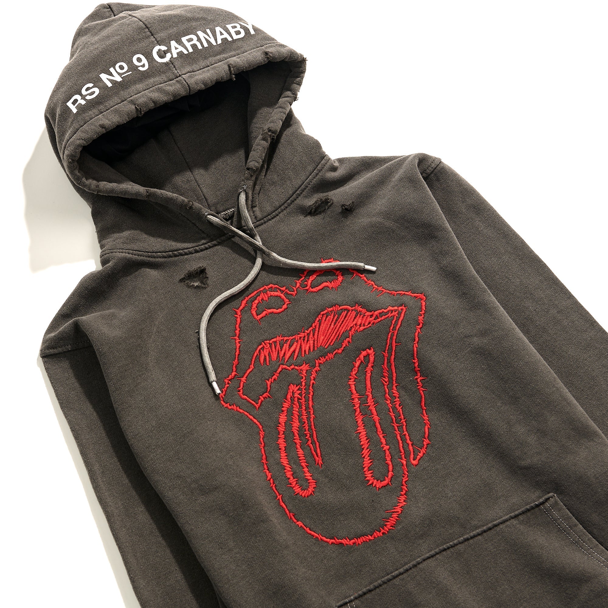 No. 9 Embroidered Sketch Tongue Distressed Hoodie - The Rolling Stones