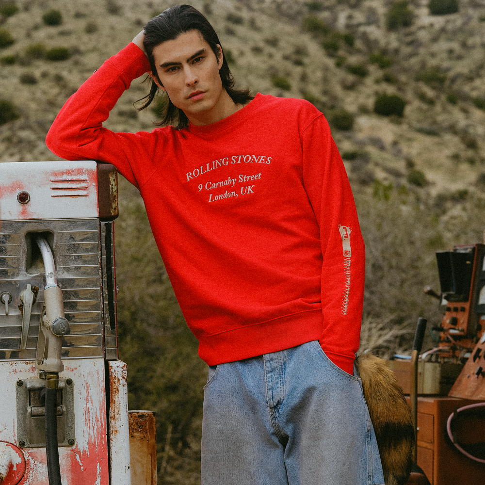 Rolling Stones Zipper Sleeve Red Crewneck Sweater