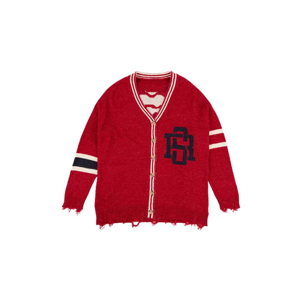 Distressed Red Varsity Cardigan Front