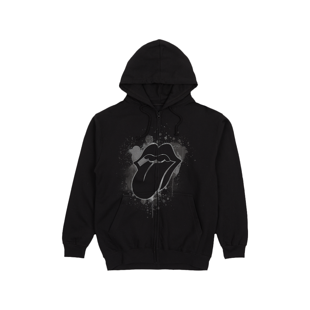 Paint It Black Reflective Tonal Splatter Tongue Print Zip Hoodie Front