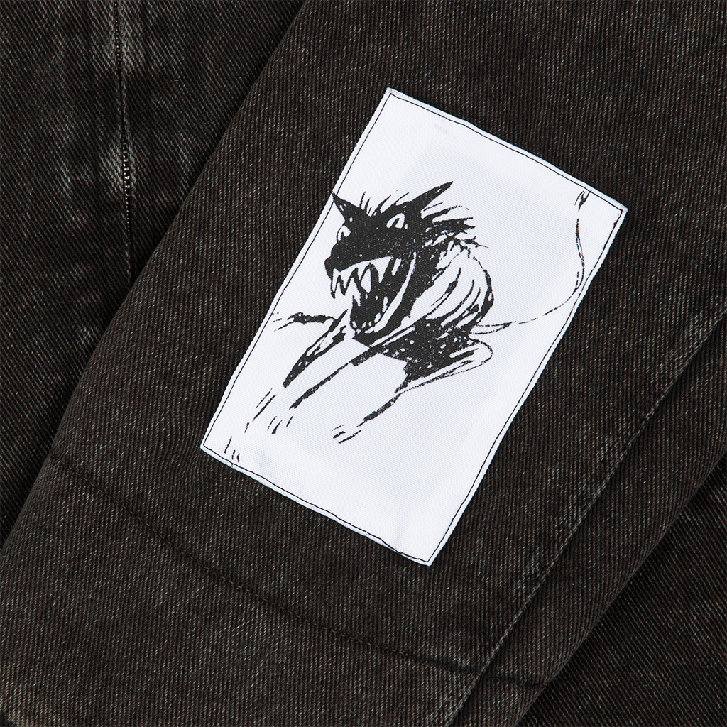 WASHED DENIM CHARCOAL PATCH WORK JACKET Sleeve Patch