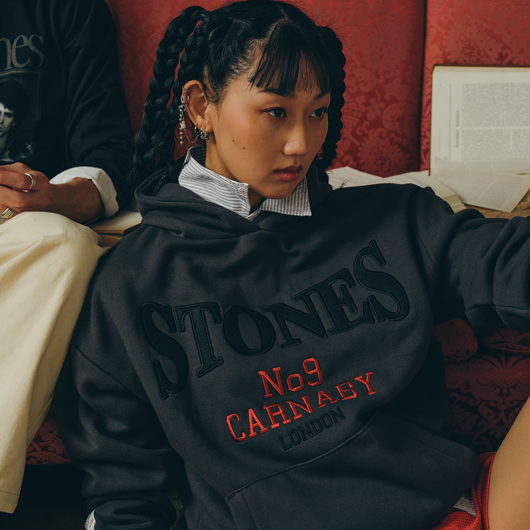 Stones Charcoal Varsity Hoodie Model