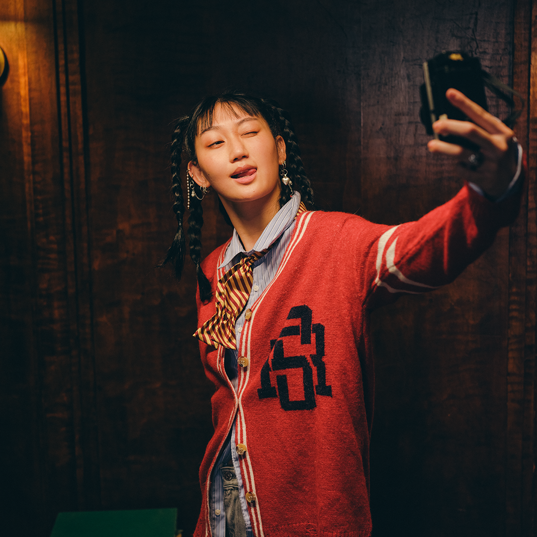 Distressed Red Varsity Cardigan Model