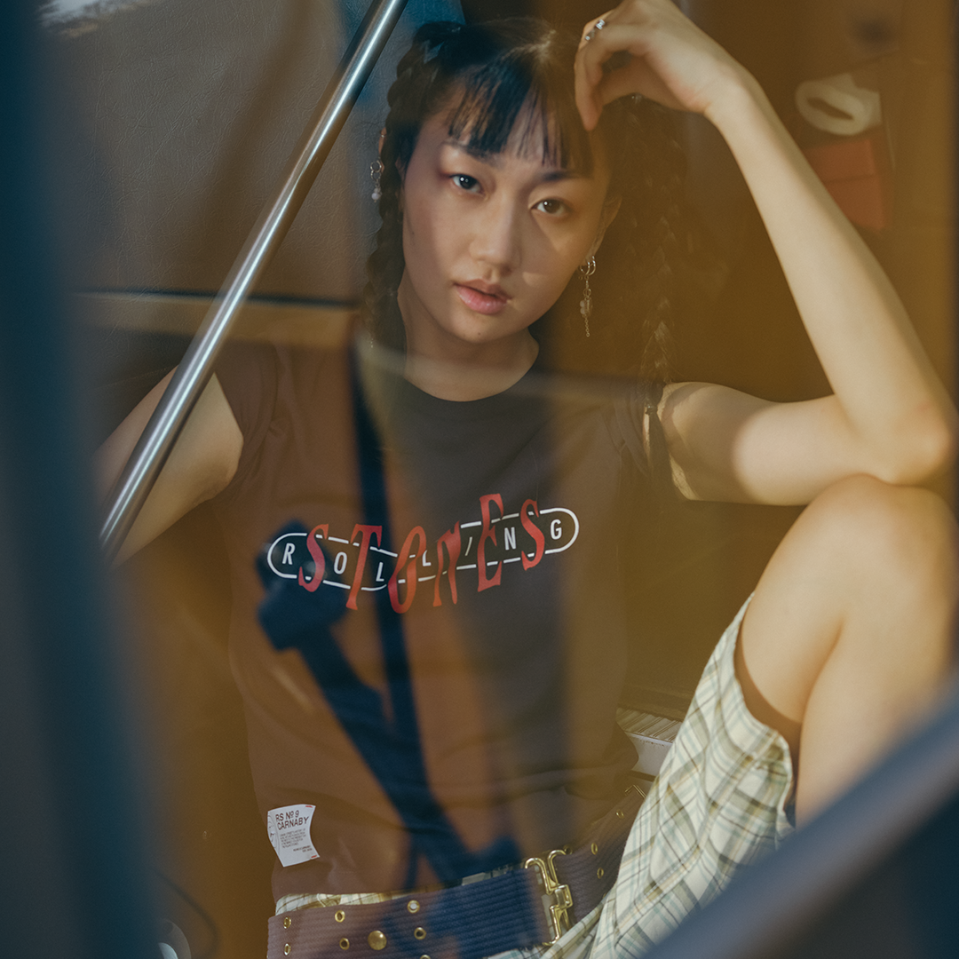 Rollling Stones Fitted Navy Varsity T-Shirt Model