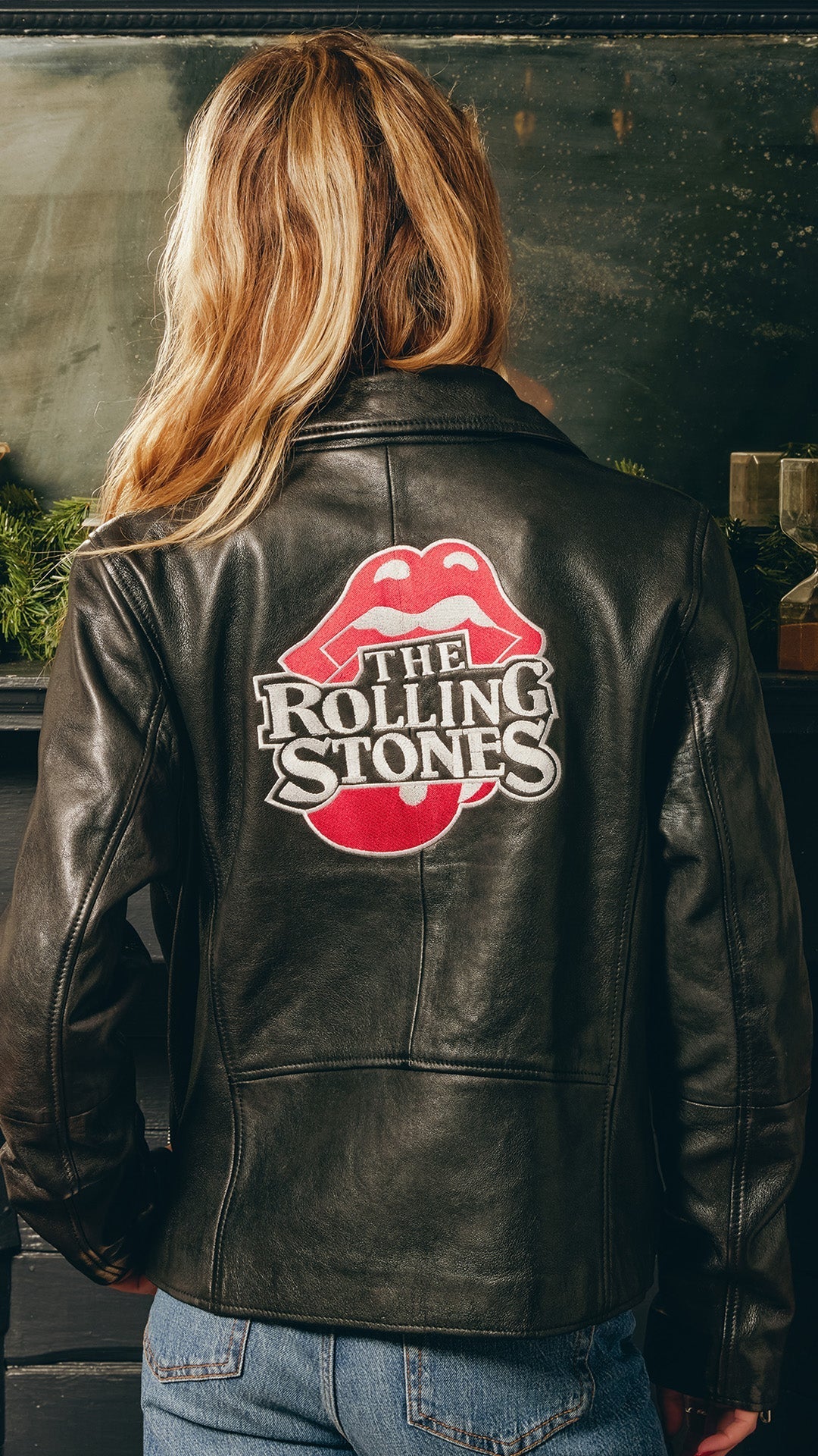JFK Stadium Rolling Stones Leather Jacket Model Back