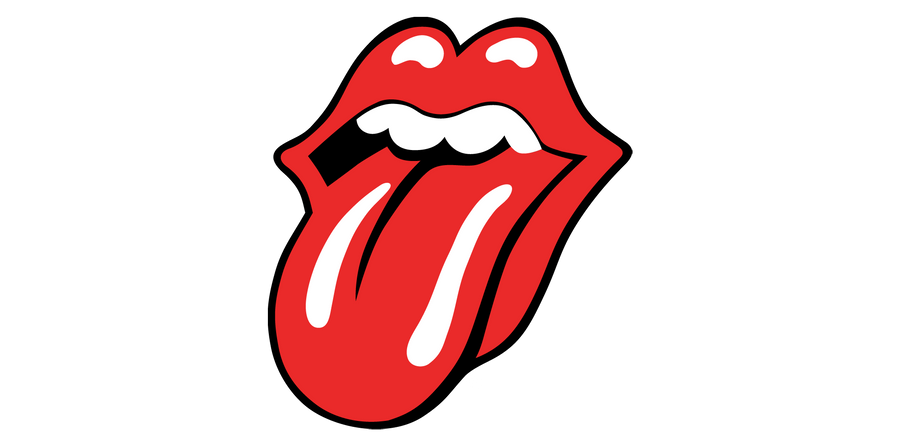 Red lips with a black tongue sticking out on a white background, the Rolling Stones logo.
