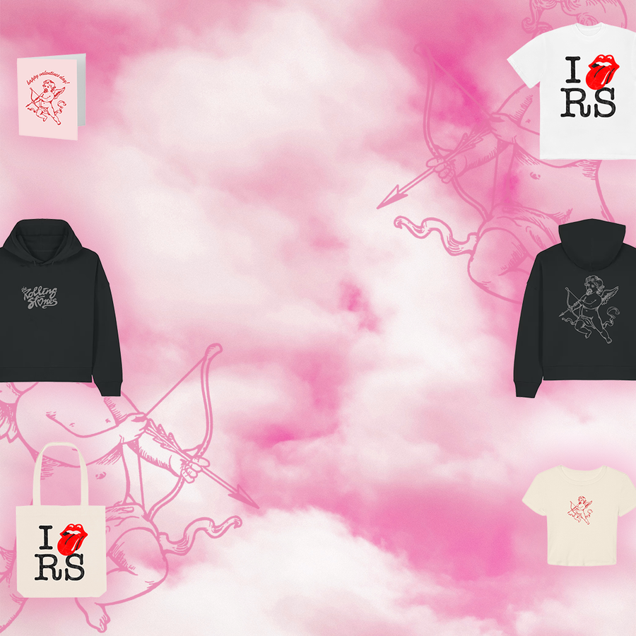 Black hoodies, white t-shirts with 'I ❤️ RS' design, and a pink tote bag on a pink background with cupids. Valentines Day Collection. The Rolling Stones