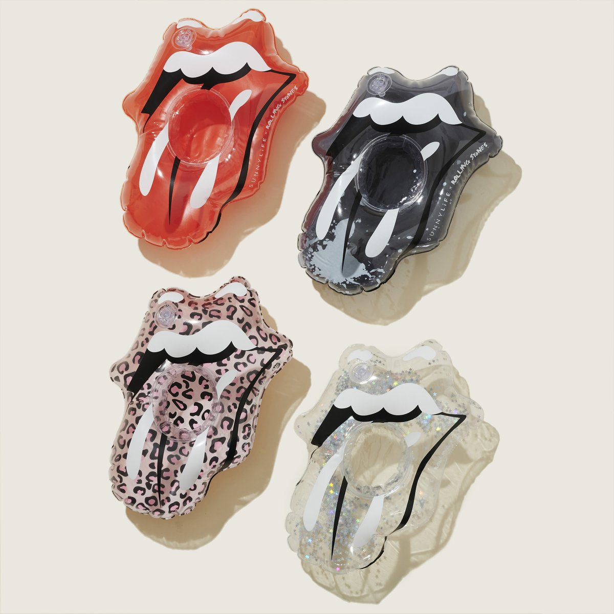 Stones x Sunnylife Set of 4 Classic Tongue Inflatable Drink Holders Flat