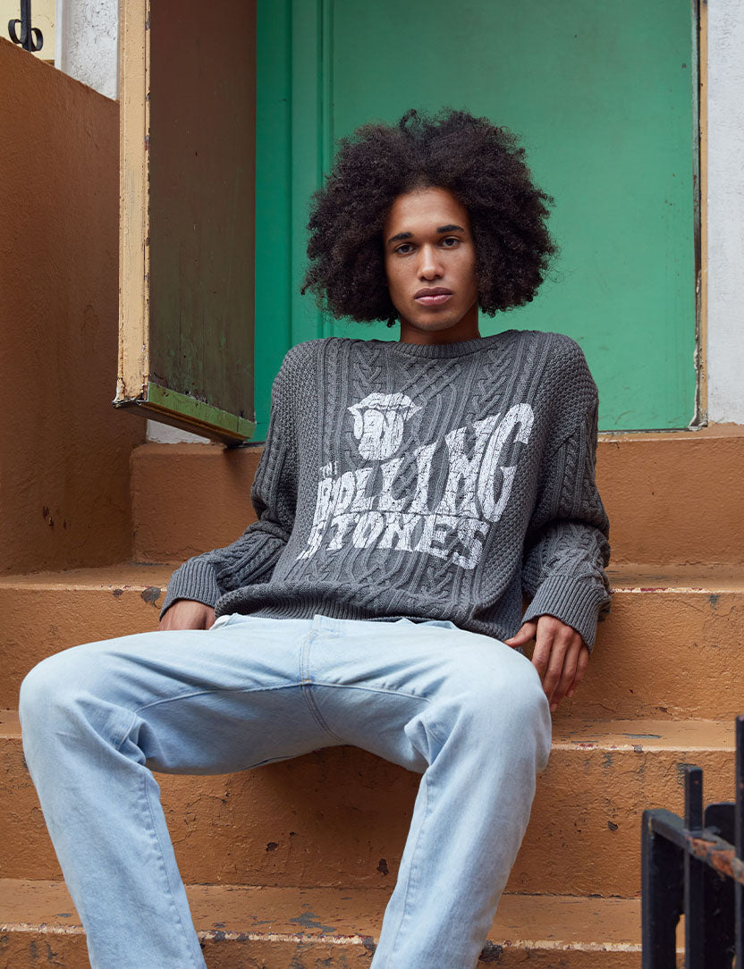 Classic Tongue Knit Chenille Patch Sweater Model Shot 1
